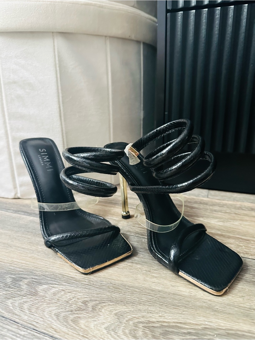 SIMMI Black Spiral Strap Stiletto Heels